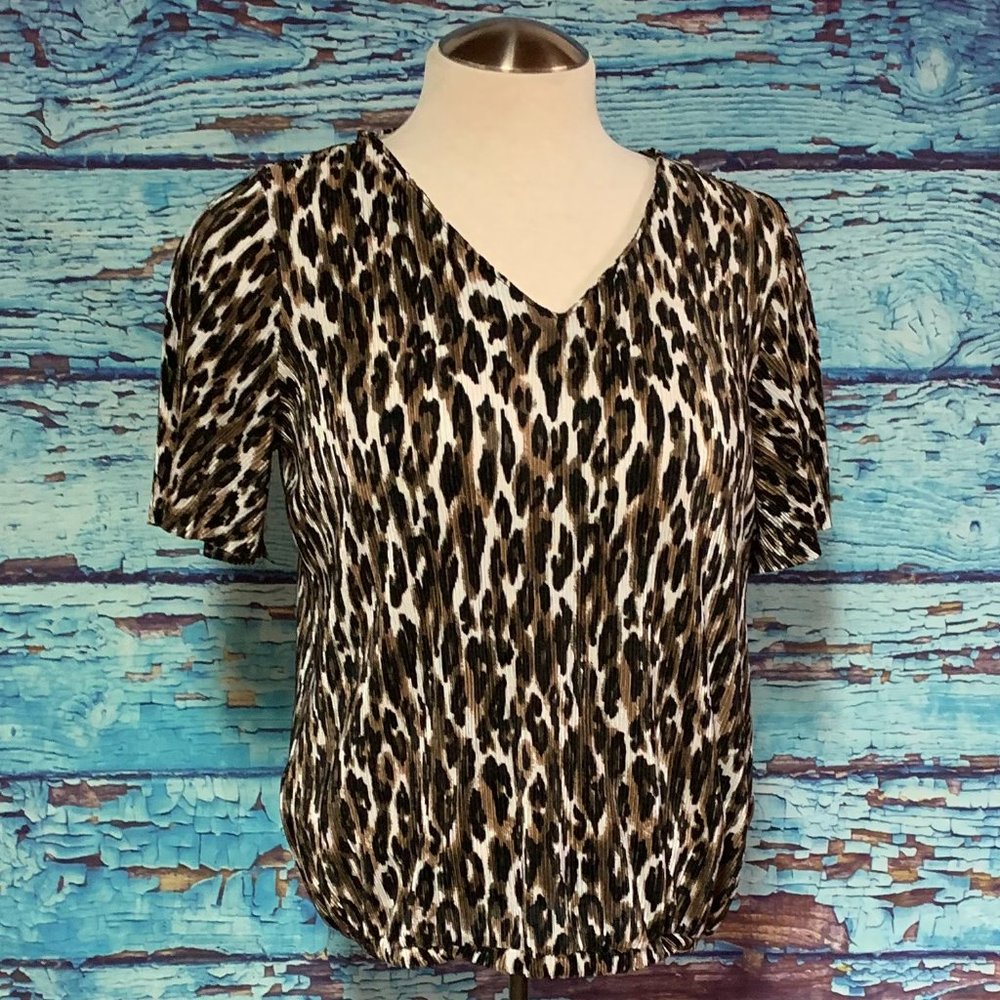 Ricki's Short Sleeved Pleated Animal Print V-Neck Blouse